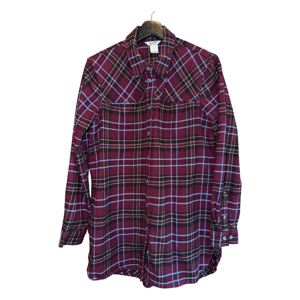 Duluth Trading Free Swingin Flannel Tunic Womens M Burgundy Plaid Pockets
